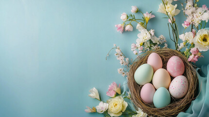 Colorful Easter eggs arranged in a bird’s nest with pastel flowers on a blue background, captured in a flat lay top view. Festive spring holiday decoration concept with vibrant painted eggs and floral
