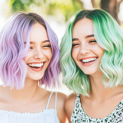 Two friends with colorful hair laughing together outdoors.