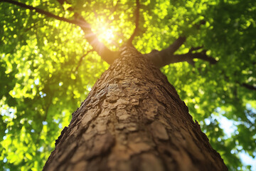 Towering forest tree capturing sunlight. Green energy and environment concept background.