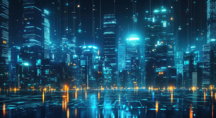 Obraz premium Illuminated skyscrapers rise against the night sky, showcasing a lively cityscape filled with shimmering lights reflecting on the surface below