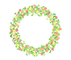 黄緑の葉っぱと花の丸いフレーム　春　カラフル