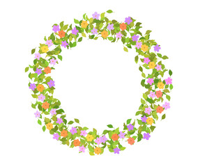 緑の葉っぱと花の丸いフレーム　春　カラフル