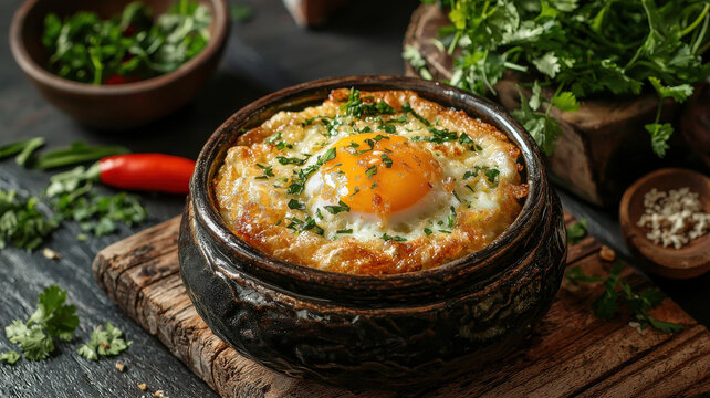 Golden pad kra pao with crispy egg served in rustic bowl, garnished with herbs and spices, evokes warm, inviting atmosphere