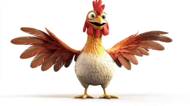 Cartoon chicken spreading wings against white background - Powered by Adobe