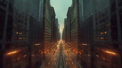 Symmetrical Cityscape with Glowing Skyscrapers and Streets at Twilight