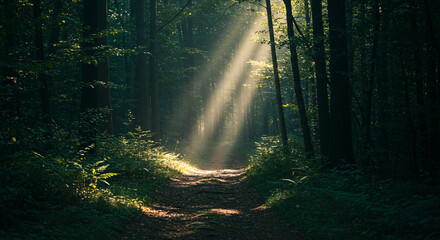 "A moody forest path with rays of sunlight filtering through dense trees, creating dramatic contrasts and a mysterious atmosphere."
