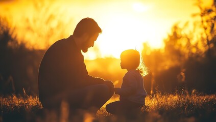 A father and child sharing a quiet moment at sunset, bathed in warm golden light, silhouetted against a vibrant sky.