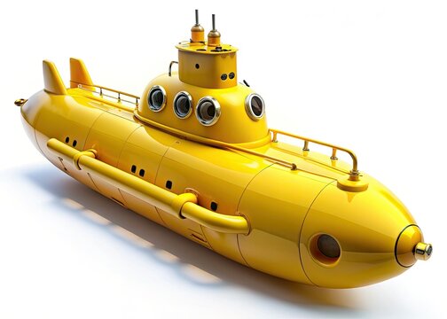 An isolated, vintage yellow submarine; candid underwater periscope shot, a nostalgic nautical illustration.