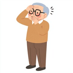 Obraz premium A concerned elderly man with glasses looks distressed, holding his head, conveying a sense of worry or surprise.