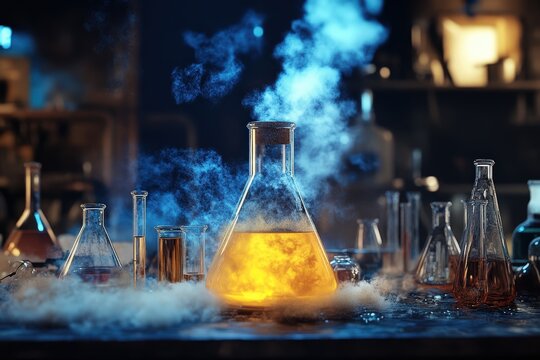 A mishap in the laboratory causes colorful liquids to spill and beakers to scatter, creating a chaotic but fascinating scene of experimentation gone wrong.