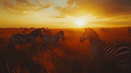 Obraz premium Majestic Zebras at Serengeti National Park Sunset - Wildlife Photography for Adobe Stock