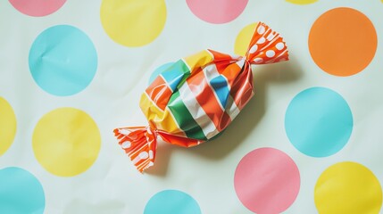 Colorful Candy Wrapped in Stripes on Vibrant Polka Dot Background
