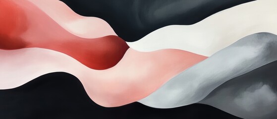 Naklejka premium Abstract modern art piece with flowing waves in red, white, gray, and black colors, creating a dynamic and expressive composition for contemporary decor.