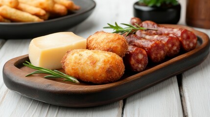 Fototapeta premium Wooden platter with cheese, croquettes, and sausages on white table