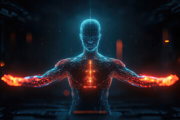 Fototapeta premium Balancing justice glowing human figure in abstract environment representing harmony and law