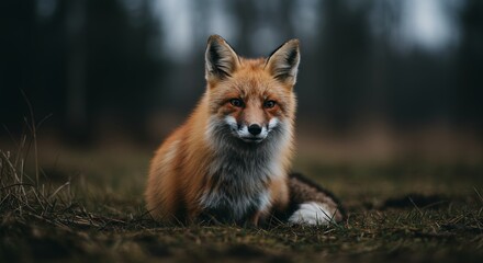 Red Fox Lying on Grass in a Forested Landscape with a Soft Focus Background