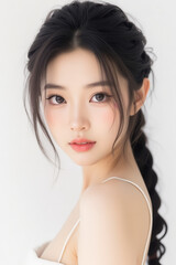 Female Asian Model with Braided Hair - Young Beautiful Woman with a Braid - Studio Portrait of Asian Beauty for Fashion, Cosmetic, Skincare - Posing on White Background - Smooth Tied Hair