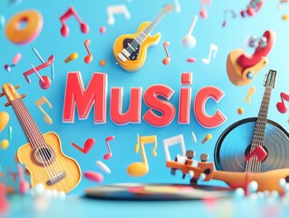 Colorful musical instruments surround vibrant music text in dynamic display