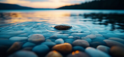 Sunset lake, calm water, smooth rocks, peaceful scene