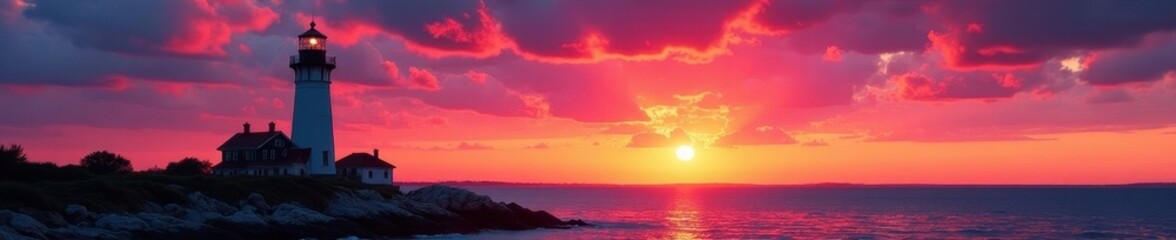 Obraz premium Annisquam Lighthouse silhouetted against vibrant sunset sky, waves, scenic