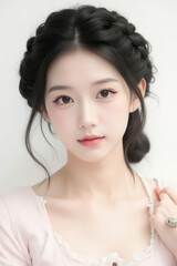 Fototapeta premium Female Asian Model with Braided Hair - Young Beautiful Woman with a Braid - Studio Portrait of Asian Beauty for Fashion, Cosmetic, Skincare - Posing on White Background - Smooth Tied Hair