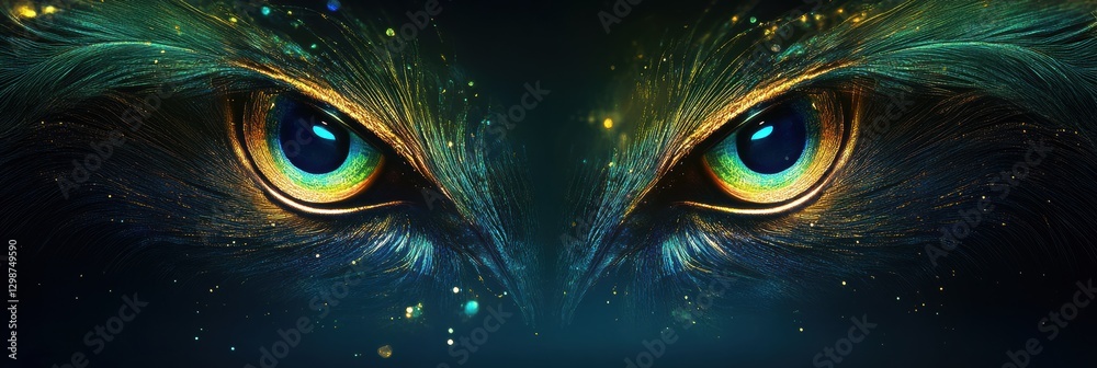 Aufkleber striking close up of vibrant owl eyes with colorful feathers and glittering elements against a dark 