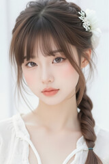 Female Asian Model with Braided Hair - Young Beautiful Woman with a Braid - Studio Portrait of Asian Beauty for Fashion, Cosmetic, Skincare - Posing on White Background - Smooth Tied Hair