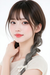 Fototapeta premium Female Asian Model with Braided Hair - Young Beautiful Woman with a Braid - Studio Portrait of Asian Beauty for Fashion, Cosmetic, Skincare - Posing on White Background - Smooth Tied Hair