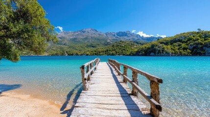 Obraz premium Wooden pier leading to turquoise lake with mountains