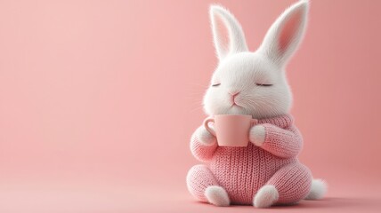 Cute White Rabbit in Knitted Sweater, Holding Coffee Cup, Pastel-Colored Background, Soft Lighting, 3D Rendering, Digital Art