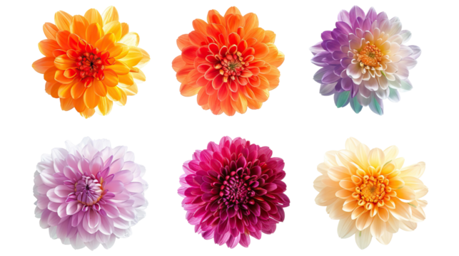 Colorful Dahlia Flowers Set Isolated On Black. Summer Blooms For Floral Design Projects