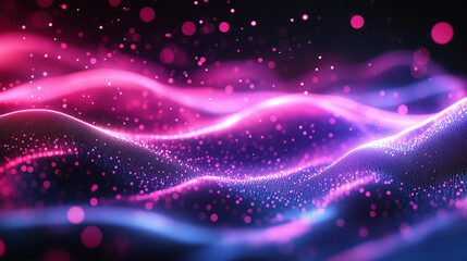 Fototapeta premium 3d render of abstract futuristic background with glowing medium particles and big dots waves, gradient colorful flowing landscape with night sky