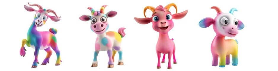 Naklejka premium Colorful cartoon goats with smiling faces and vibrant patterns showing unique personalities