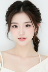 Female Asian Model with Braided Hair - Young Beautiful Woman with a Braid - Studio Portrait of Asian Beauty for Fashion, Cosmetic, Skincare - Posing on White Background - Smooth Tied Hair