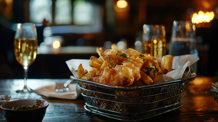 Crispy golden fish and chips served in basket with drinks in cozy setting