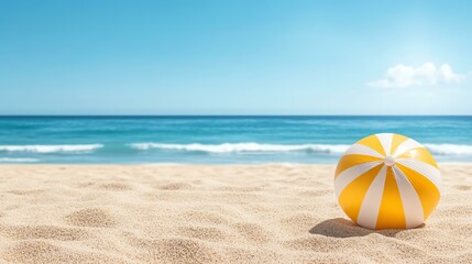 Bright beach ball on sunny sandy shoreline.