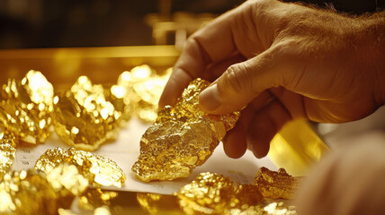 Golden nuggets being examined by hand, showcasing wealth and value