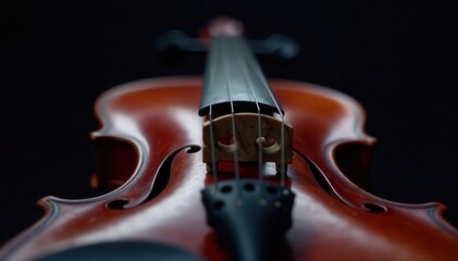 Fototapeta premium Close-up of dark violin, strings in focus, black backdrop , dark aesthetic, glossy