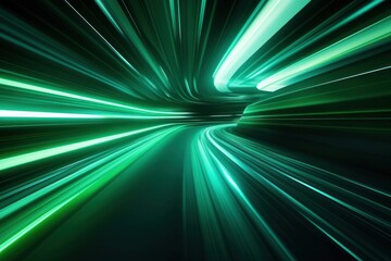 Speeding motion blurred green tunnel light.