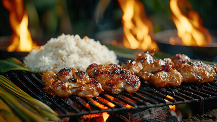 Grilled chicken with sticky rice over flames, showcasing vibrant Thai BBQ flavors