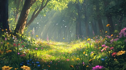 Fototapeta premium sunlit forest meadow with wildflowers