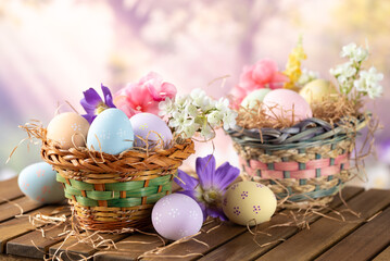 Easter eggs and flowers in a basket with colorful springtime background