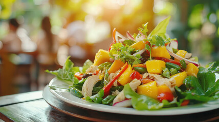 Fresh and vibrant Thai chicken salad with mango, colorful vegetables, and herbs
