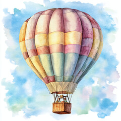 Obraz premium Watercolor Hot Air Balloon – A Dreamy and Colorful Flight in the Sky. Watercolor illustration. Hot Air Balloon art, travel illustration 