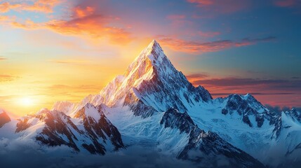 Majestic Mountain Peak at Sunrise with Colorful Sky and Clouds