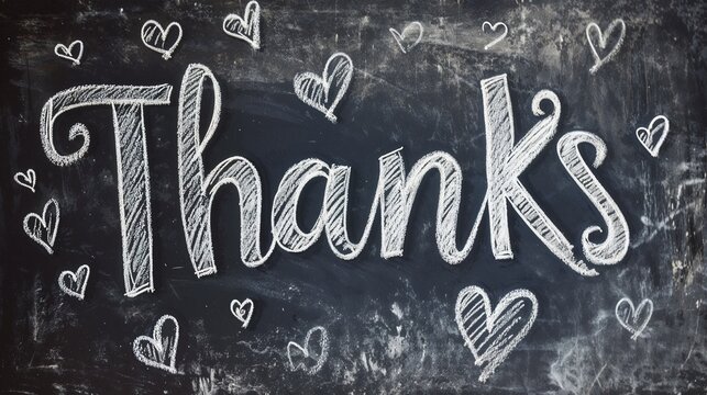 Chalkboard with handwritten "Thanks" text and heart doodles in white chalk copy space