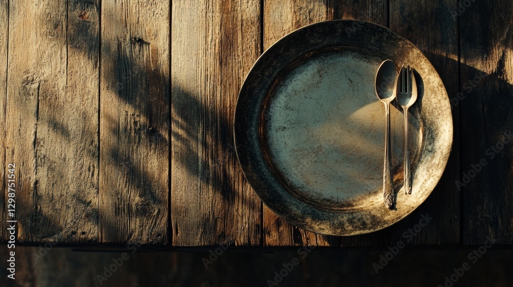 Aufkleber Metal plate with vintage silverware on rustic wooden table in soft afternoon light. Generative AI