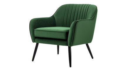 A modern green armchair featuring a plush seat and vertical ribbed design. isolated on white background.