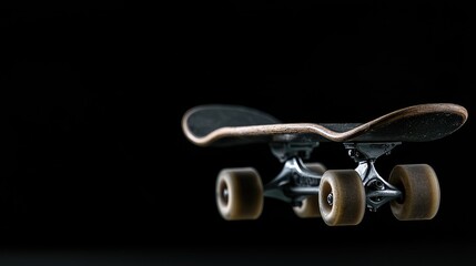 Skateboard on black background, extreme close-up, concept of youth culture, skate, urban lifestyle