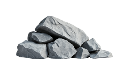 A pile of irregular, grey rocks with rough surfaces arranged in a natural formation. isolated on white background.